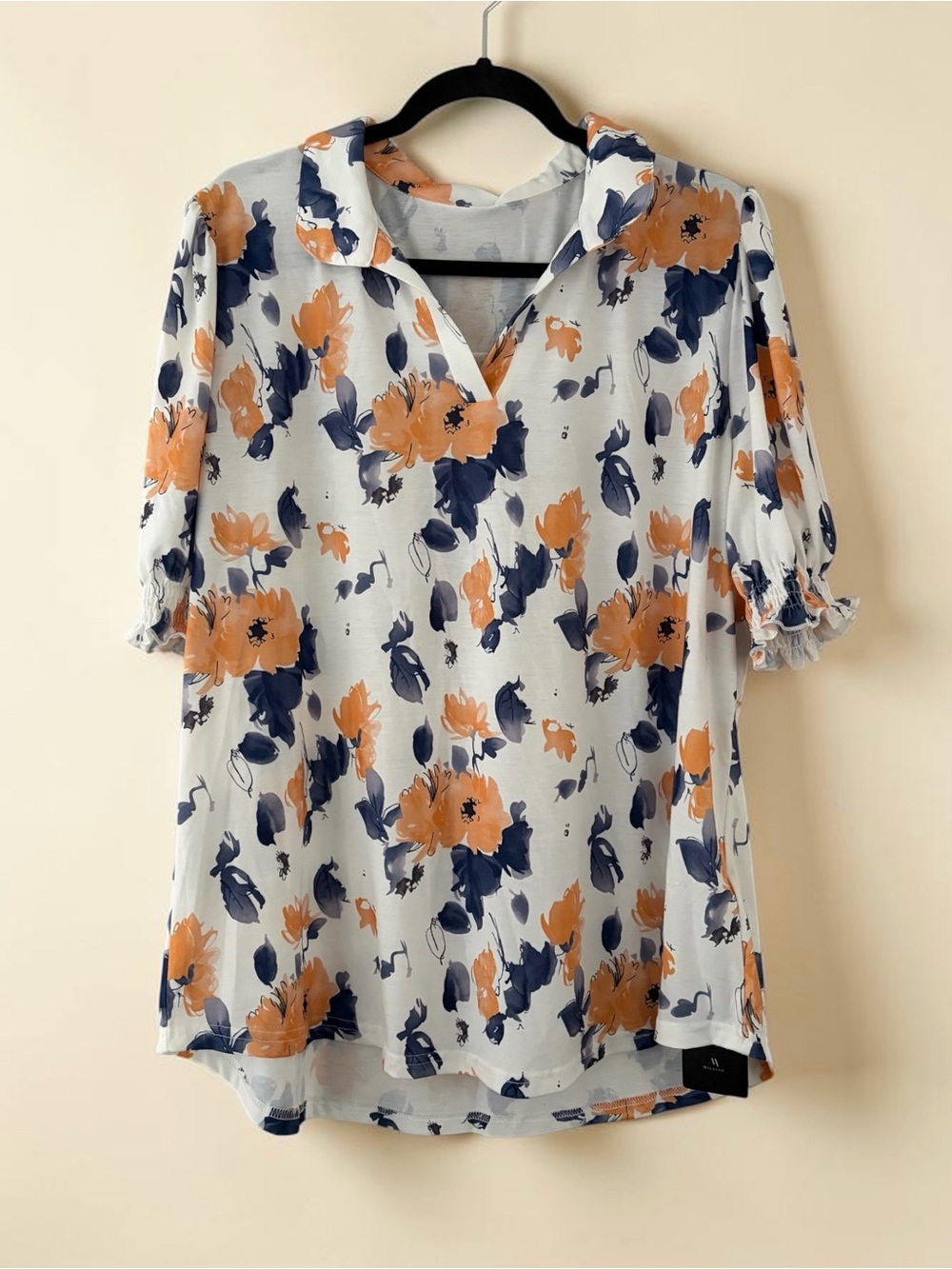 New Plus Size White Floral  Elbow Sleeve Top
